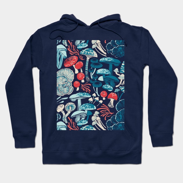 Mystical fungi // midnight blue background aqua teal coral and red wild mushrooms Hoodie by SelmaCardoso